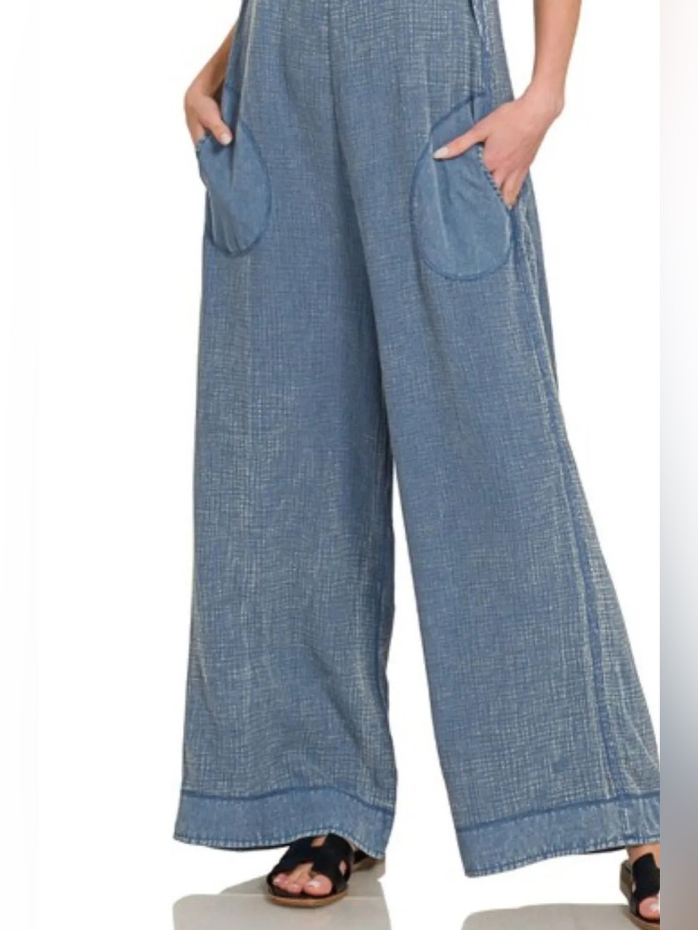 π FREE Cami w/Gauze Washed Wide Leg Overalls Dusty Blue Pocketed Jumpsuit - Picture 4 of 4